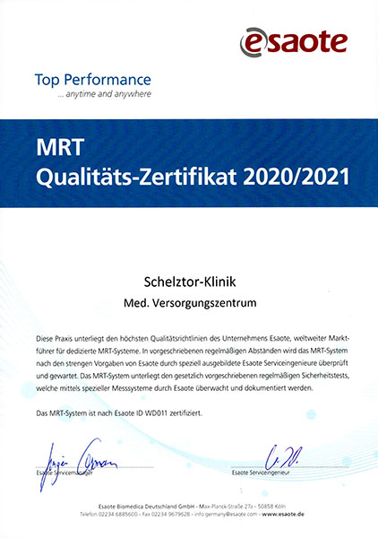 Esaote Qualitätszertifikat MRT 2020 2021